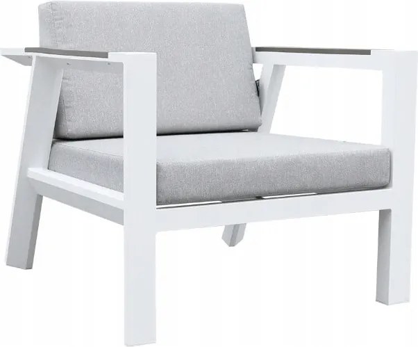Zestaw mebli ogrodowych biały aluminium sofa fotele stolik drewniane detale