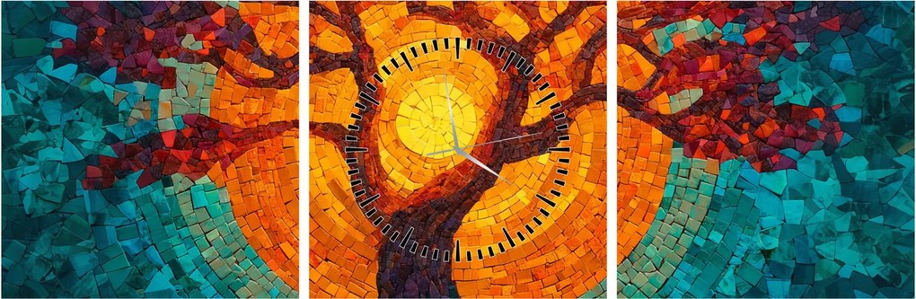 Obraz - Drzewo życia i słońce w mozaice (z zegarem) (90x30 cm)