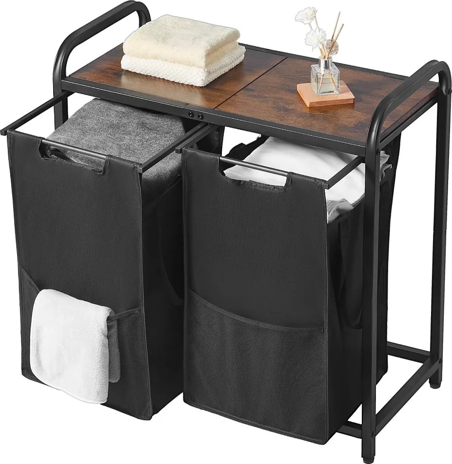 Kosz na Pranie SucceBuy Kosz na Pranie z 2 Przegródkami, Organizer na Pranie z Wyjmowanymi Workami z Tkaniny Oxford 600D, Metalową Ramą i Drewnianym Blatem