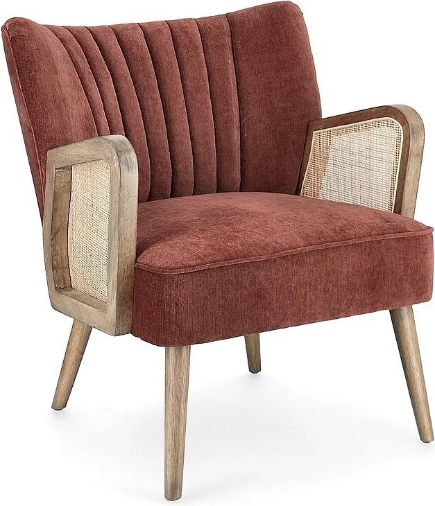 Fotel z tkaniny z efektem aksamitu w kolorze ceglastym, drewniane nogi i podłokietniki - VIRNA