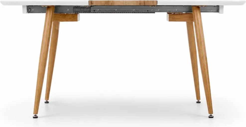 Nowoczesny owalny stół Tonga 120-200 cm z rozkładanym białym lakierowanym blatem MDF i nogami w kolorze dębu