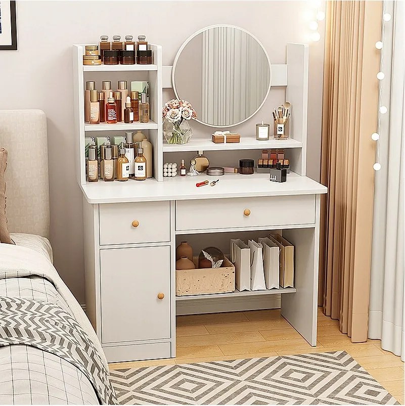 Toaletka do makijażu, z lustrem i szufladami, biała, styl skandynawski