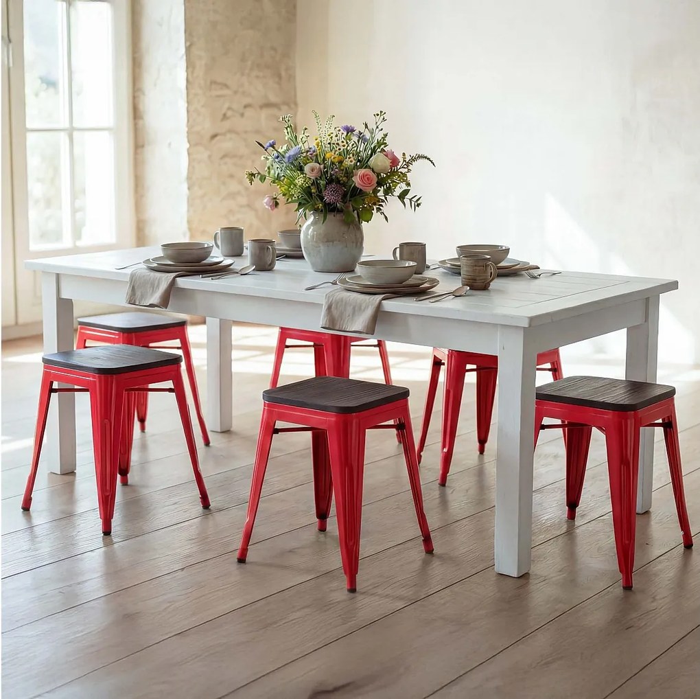 Taboret MCW-A73 (zestaw 6 sztuk) Drewniane siedzisko,  czerwone