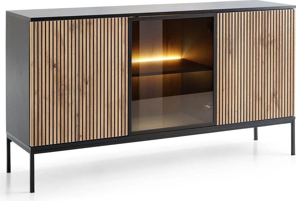 Emporius Haller komoda dwudrzwiowa do salonu - komoda 150 cm na nóżkach, z oświetleniem LED, szklane drzwi, lamele