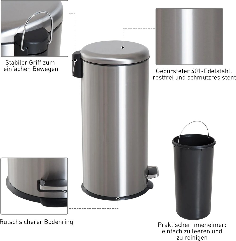 HOMCOM kosz na pedały z koszem wewnętrznym, kosz na śmieci pokrywa na zawiasach 30L