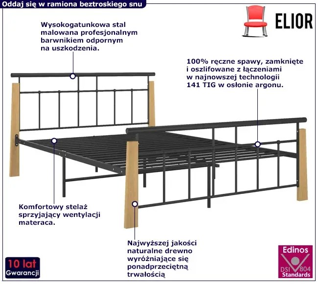 Rustykalne metalowe łóżko czarny + jasny dąb 140x200 cm Zeya 6X