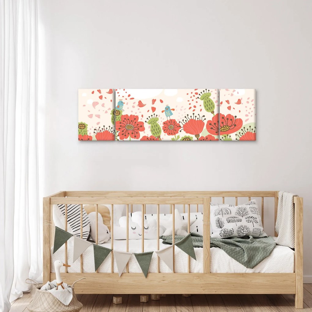 Obraz - Ptaszki na kwitnącej łące (170x50 cm)