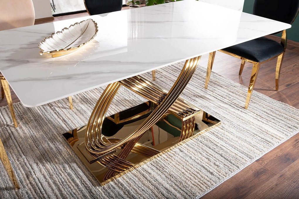 Stół glamour z ceramicznym blatem i złotą podstawą Hermes