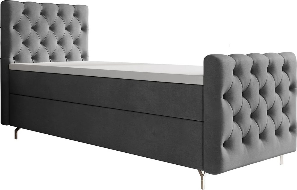 BEDANTE łóżko kontynentalne CHESTER PLUS 90x200 szary z materacem H3 i topperem łóżko z pojemnikiem, pojedyncze, hotelowe, do sypialni, ze schowkiem