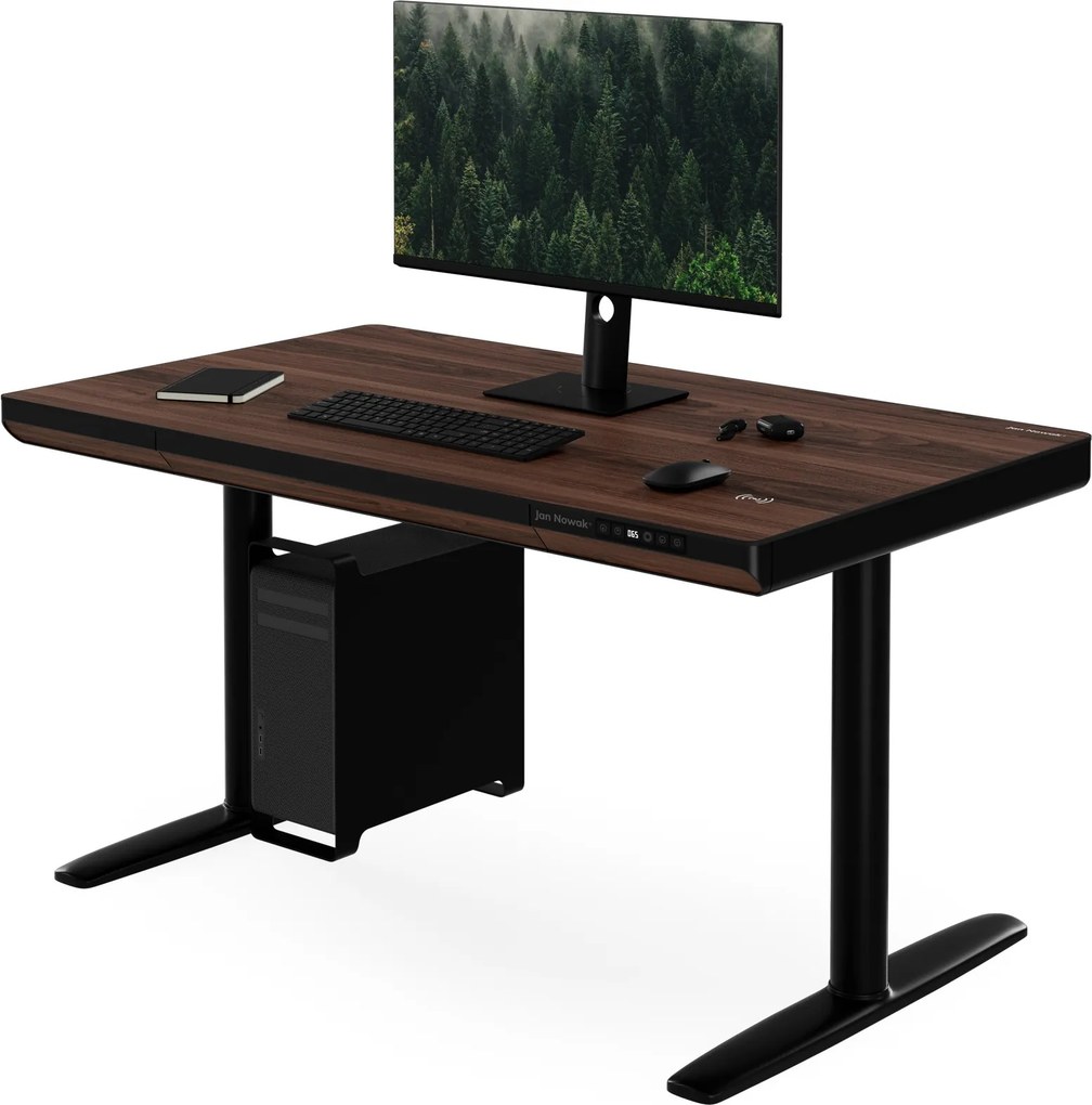 Biurko elektryczne sit-stand z szufladą i ładowarką bezprzewodową Qi czarne/orzech, 1200 mm: ELLIS