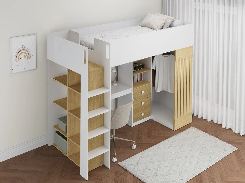 Łóżko na antresoli 90 x 190 cm z biurkiem i drążkiem - Biały i naturalny + Materac - LORINTI