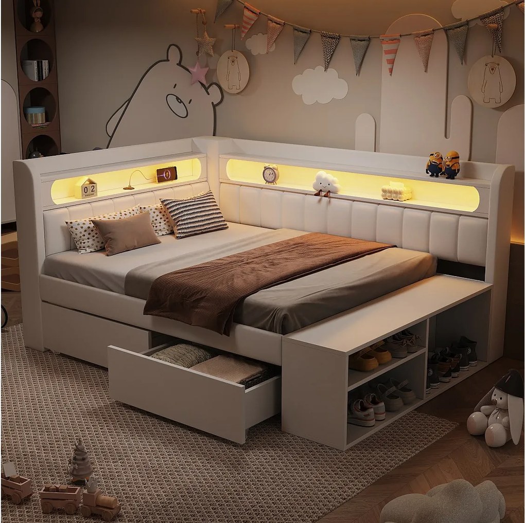 Łóżko dziecięce z pojemnikiem na pościel - 90 x 200 cm - z portem USB, diodami LED, półką, półką na buty i 2 szufladami - płyta MDF - białe