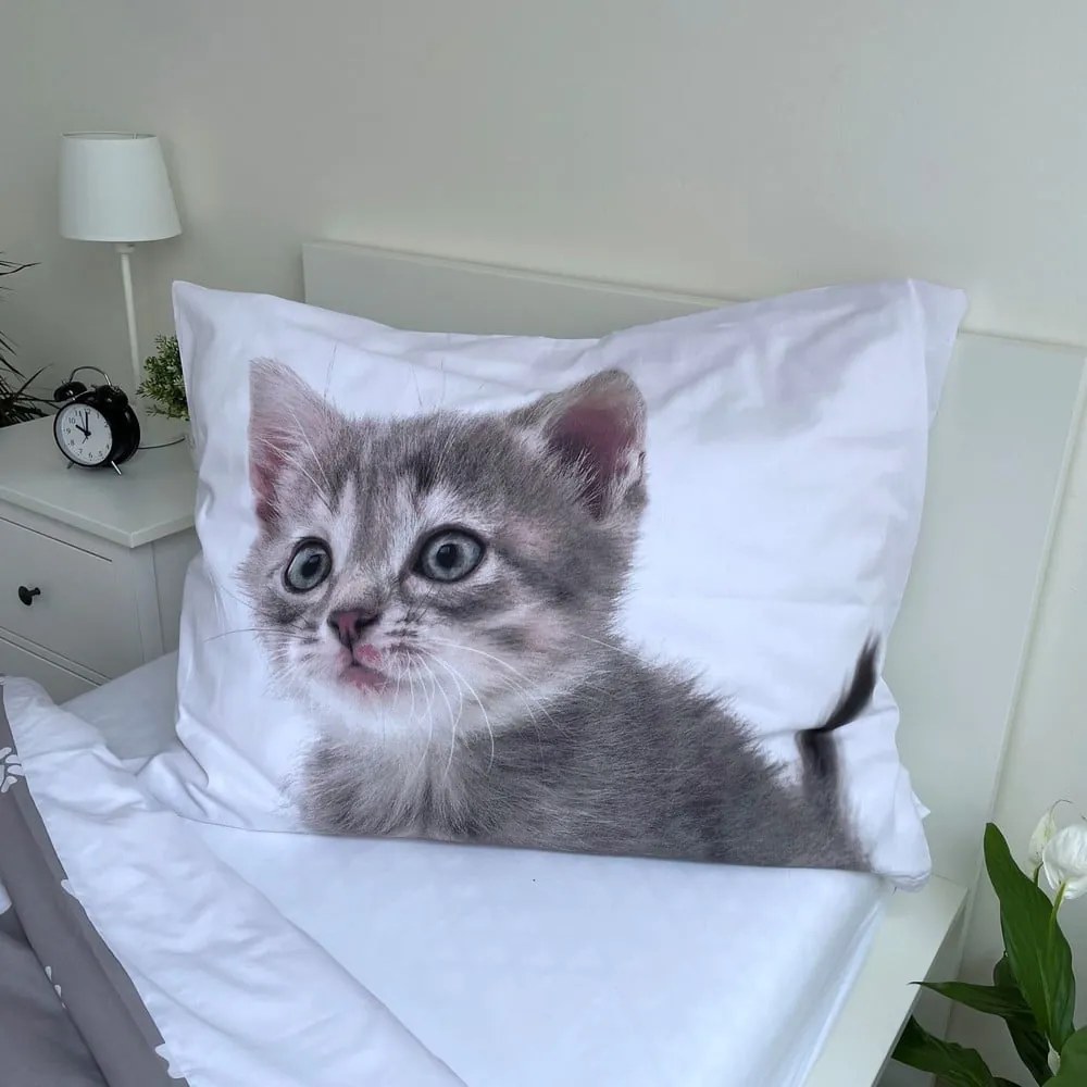 Biało-szara bawełniana pościel dziecięca jednoosobowa 140x200 cm Kitten "Grey" – Jerry Fabrics
