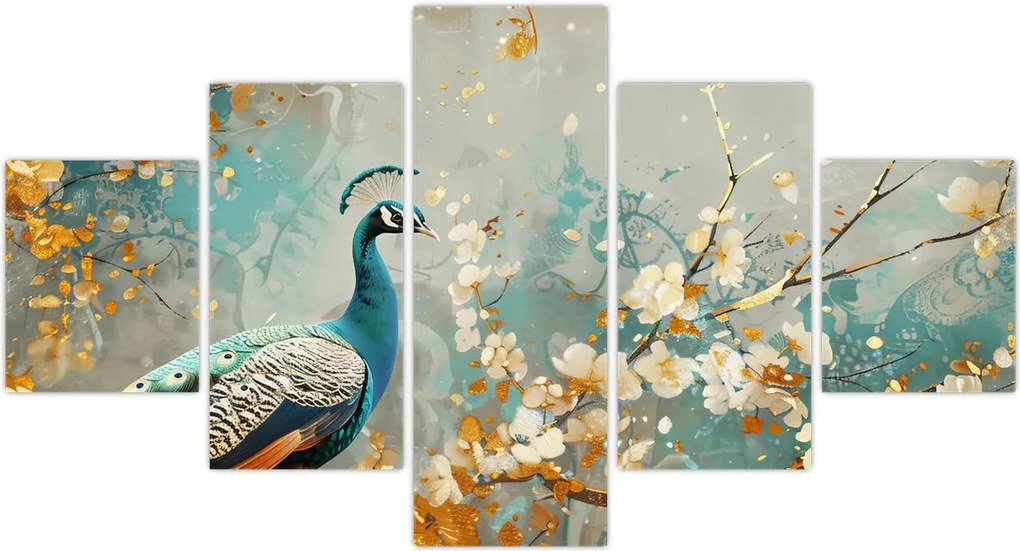 Obraz - Paw ze złotą dekoracją (125x70 cm)