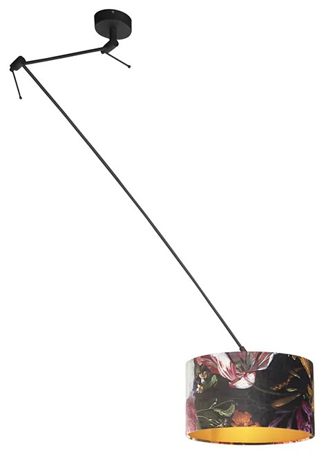 Lampa wisząca czarna z abażurem z aksamitu w kwiaty ze złotem 35 cm - Blitz klasyczny/Antyczny Oswietlenie wewnetrzne