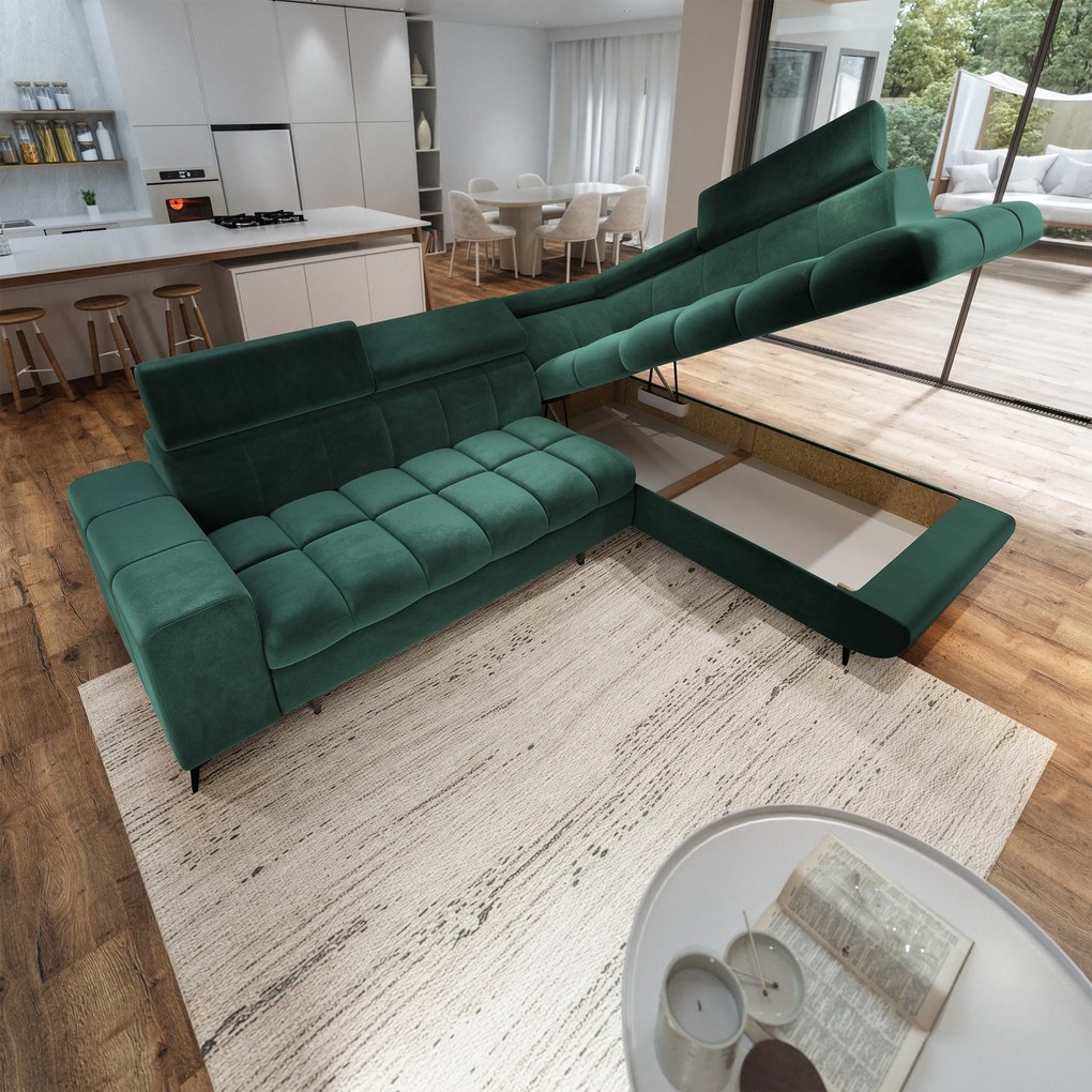 Masseno Narożnik MORIVA z funkcją spania i pojemnikiem na pościel Narozniki L, Rozkładana sofa - Zielony, MONOLITH 37