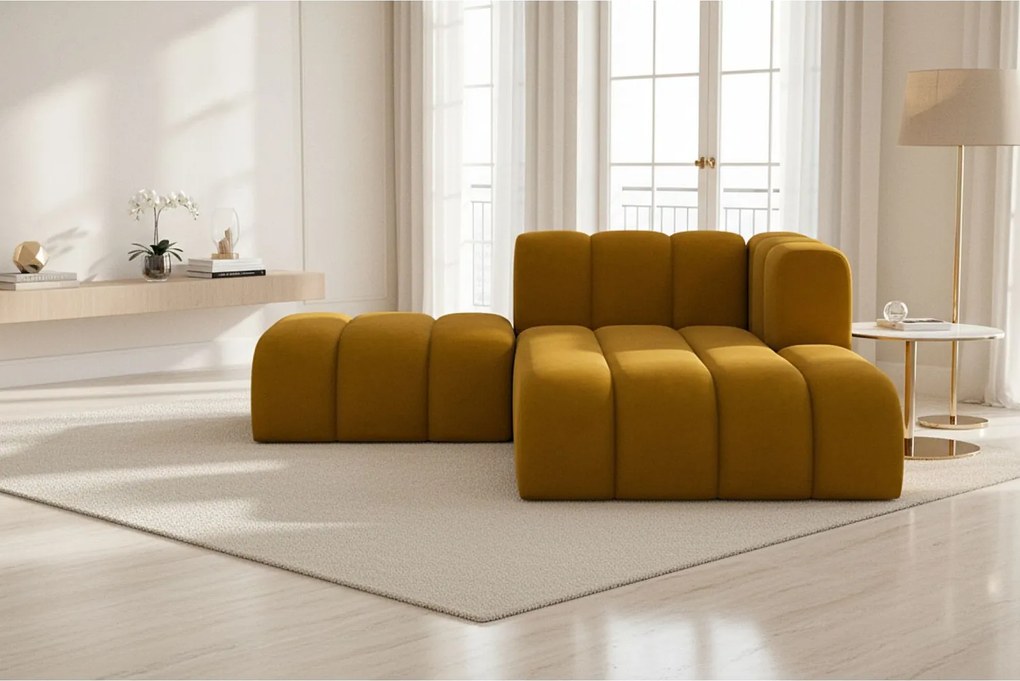 Szezlong z pufą Grand, tkanina Salvador, Żółty, Prawy