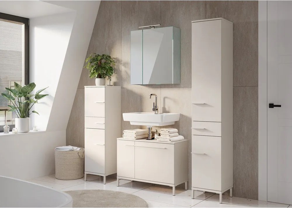 Kremowa wysoka/wąska szafka łazienkowa z matowym wykończeniem 34x123 cm Laurino – Germania