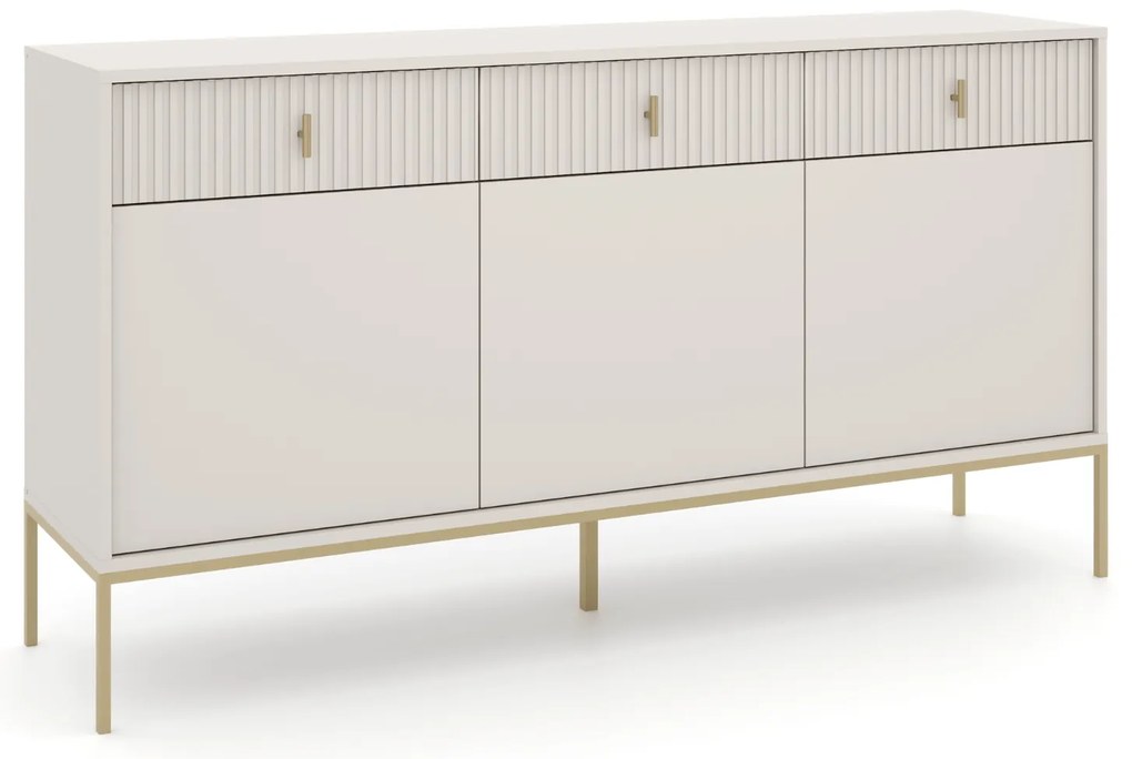 Komoda do Salonu Sypialni MARCOS 154 cm Kaszmir/Złoty Ryflowana Trzydrzwiowa z Szufladami Nowoczesna