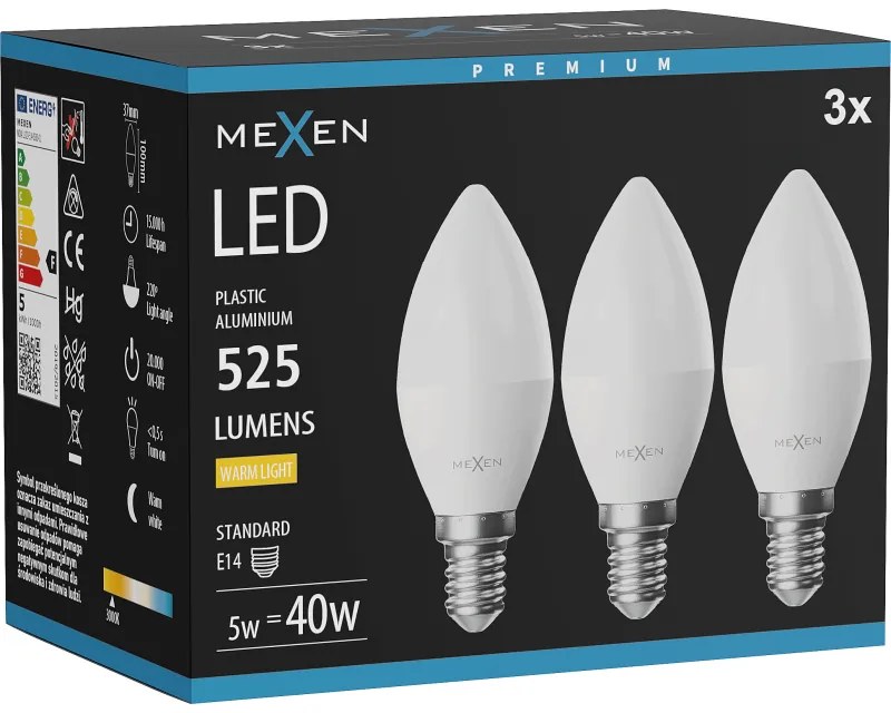 Mexen Nova 3x żarówka LED E14, C37, 5W, Ciepła - 3000K, 525 lm - L102-E14-0530-01x03