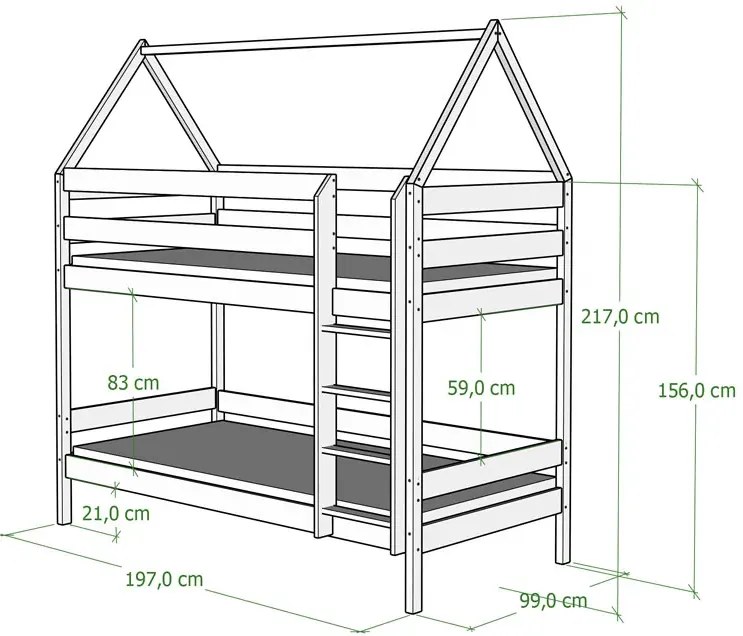 Zielone łóżko piętrowe domek w stylu skandynawskim - Delisa 3X 190x90 cm
