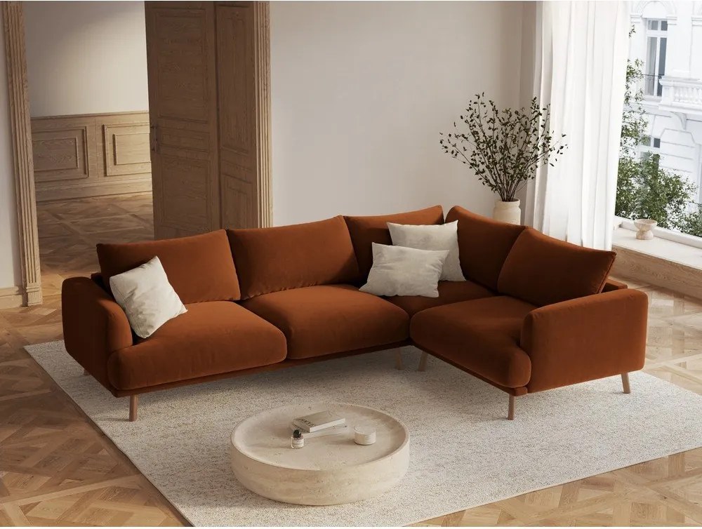Aksamitny narożnik (prawostronny/w kształcie litery L) w kolorze terakoty Naomi – Micadoni