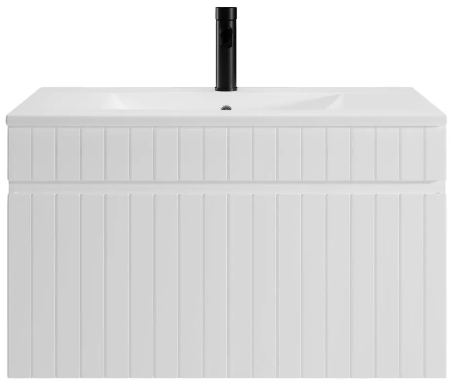 Szafka łazienkowa wisząca ryflowana biała z umywalką wpuszczaną w blat - 80 cm - SATARA