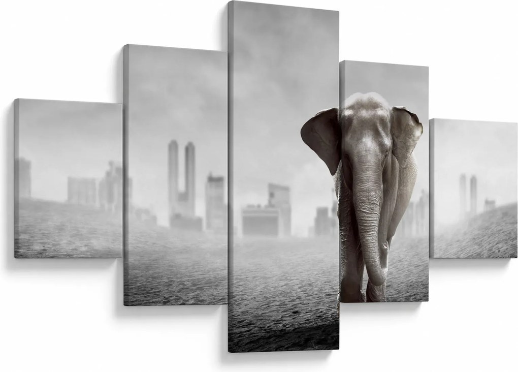 Obraz - Słonie w wielkim mieście, wersja czarno - biała (125x70 cm)