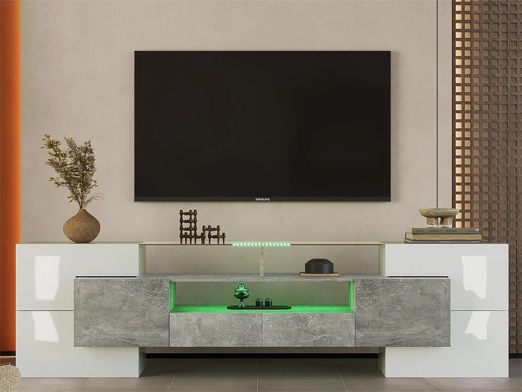 Meble TV 2m z drewna z 2 szufladami i 2 otwartymi półkami - Szary i Biały