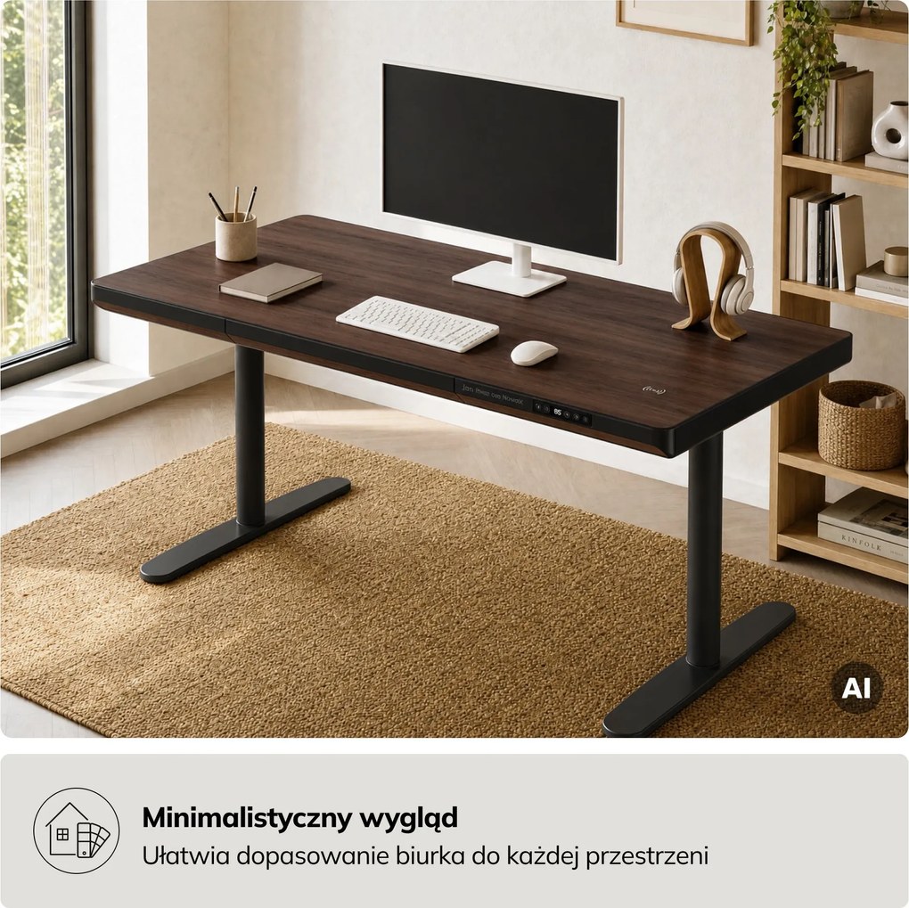 Biurko elektryczne sit-stand z szufladą i ładowarką bezprzewodową Qi czarne/orzech, 1400 mm: ELLIS