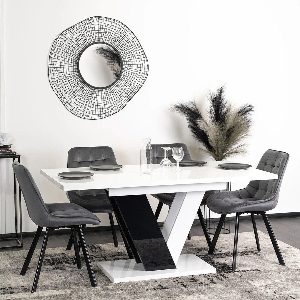 Zestaw Stół Prostokątny Rozkładany CLARK 120-160 cm Czarny/Biały Połysk i 4 Krzesła Tapicerowane do Salonu RICK Szare Welurowe