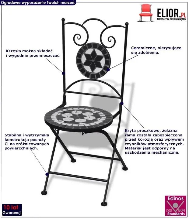 Zestaw ceramicznych krzeseł ogrodowych Zarvin - czarno-biały
