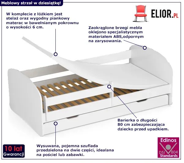 Białe łóżko dziecięce z szufladą - Ellsa 3X 70x140