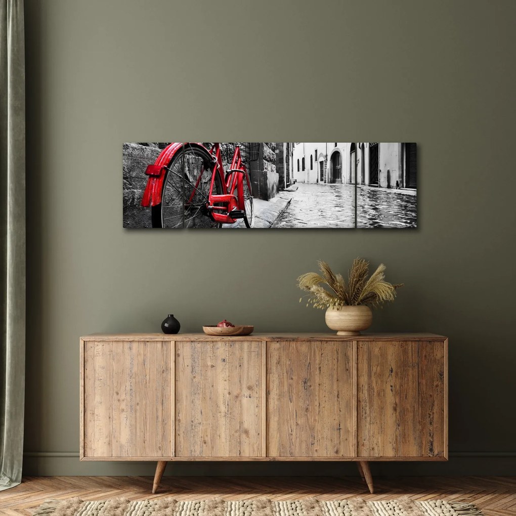 Obraz czerwonego roweru na brukowanej uliczce (170x50 cm)