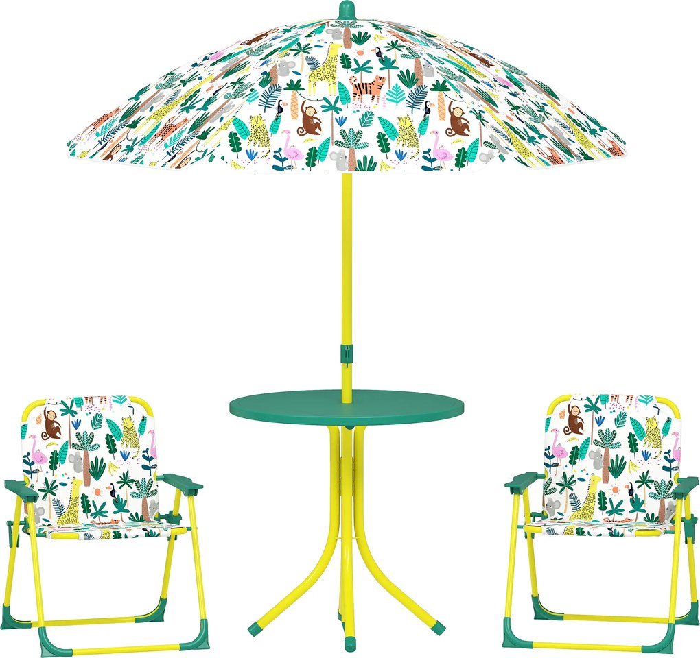 AIYAPLAY Zestaw siedzeń dla dzieci, 4-częściowy komplet z odłączanym parasolem, stół dziecięcy z 2 składanymi krzesłami, zielony | Aosom PL