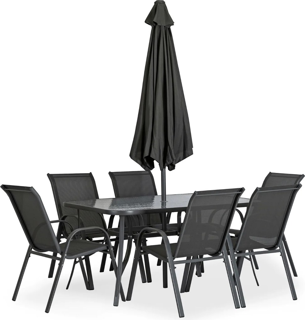 Zestaw Mebli Ogrodowych NEBRASKA Szary 6 Krzeseł Stół Tarasowy Parasol Nowoczesny