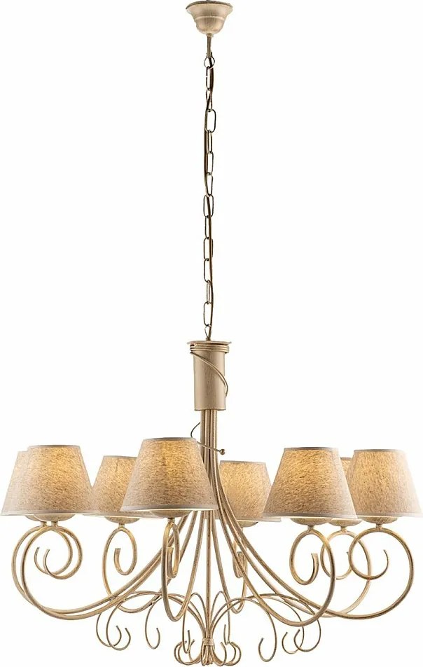 Żyrandol Wiedeń z lakierowanego żelaza w kolorze kości słoniowej, dekor stare złoto, abażury PVC z efektem juty Ø13 cm, 8 świateł, Ø78 cm