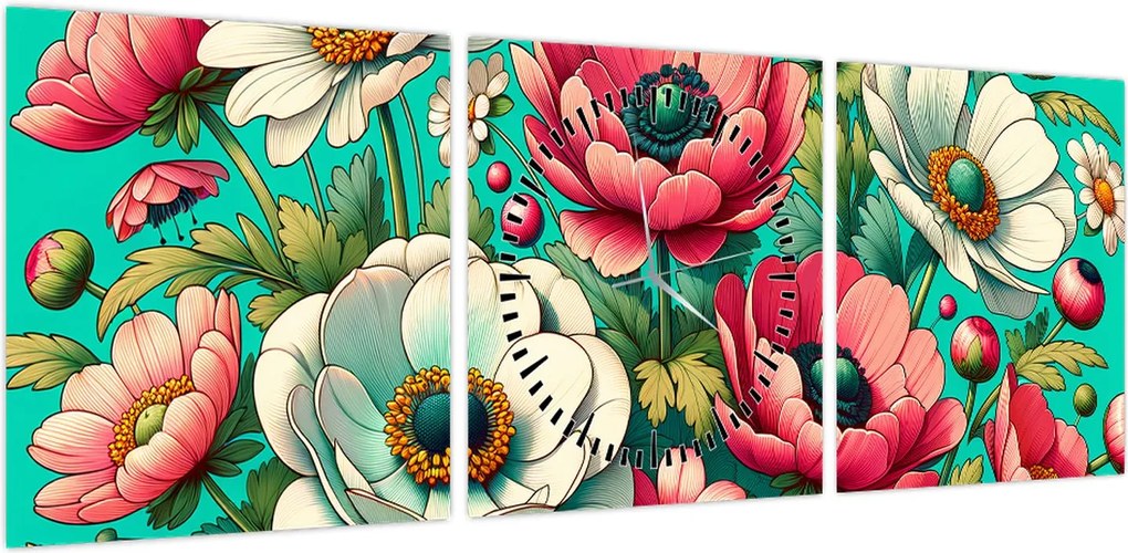 Obraz - Kwiaty na niebieskim tle (z zegarem) (90x30 cm)