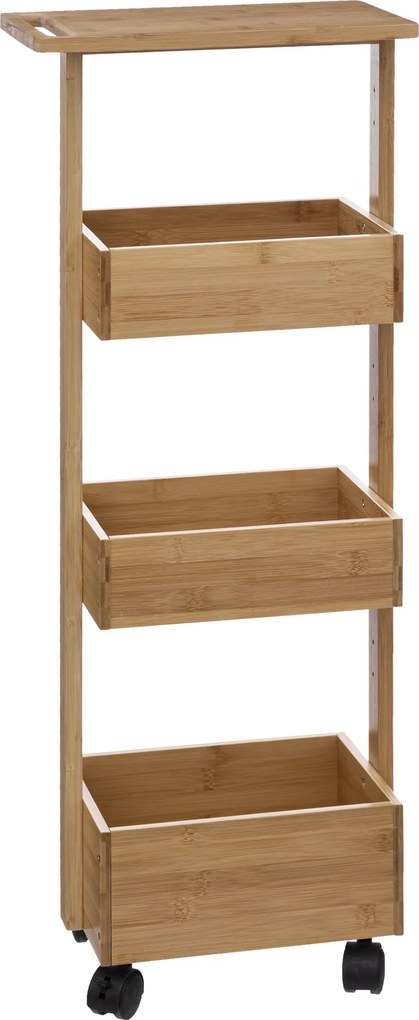 Wąski regał łazienkowy na kółkach, bambus, 4 poziomy
