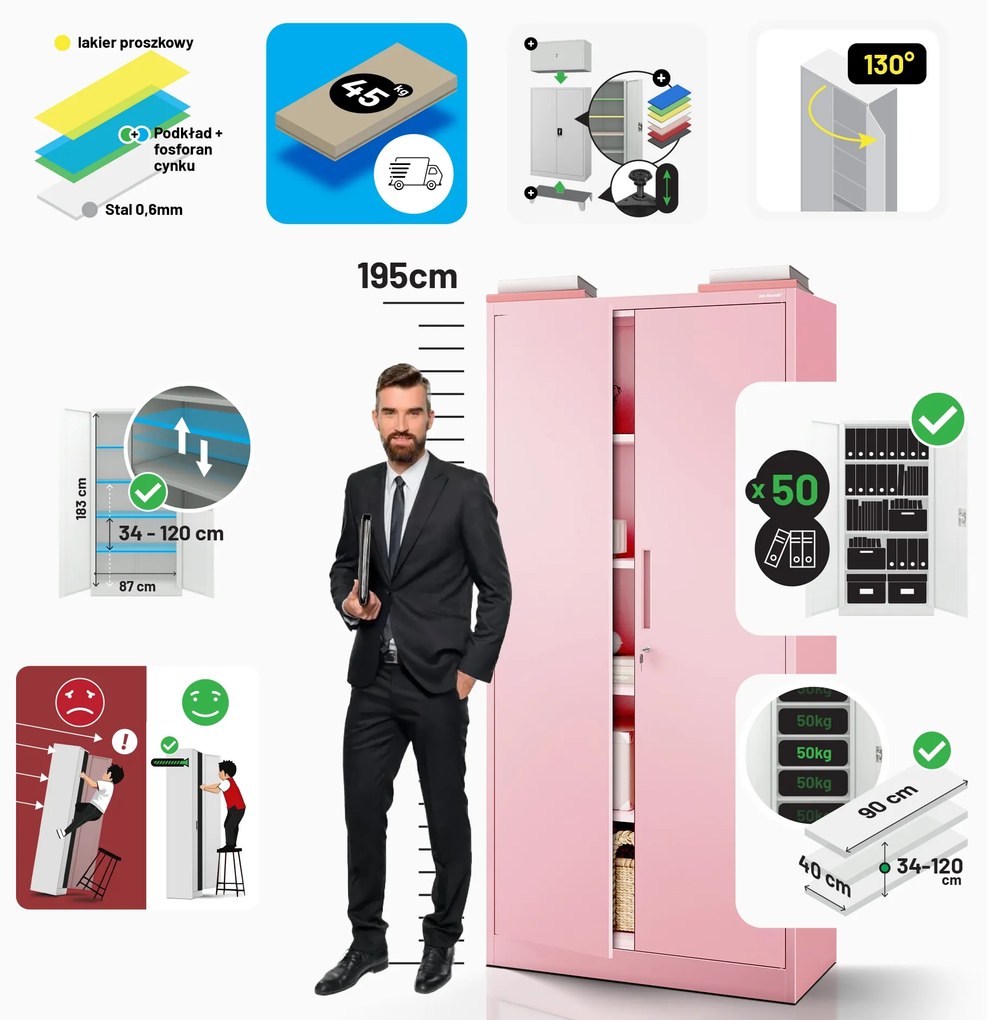 Szafa na dokumenty biurowa metalowa pudrowy róż: Fresh Style JAN H, 900 x 1950 x 400 mm