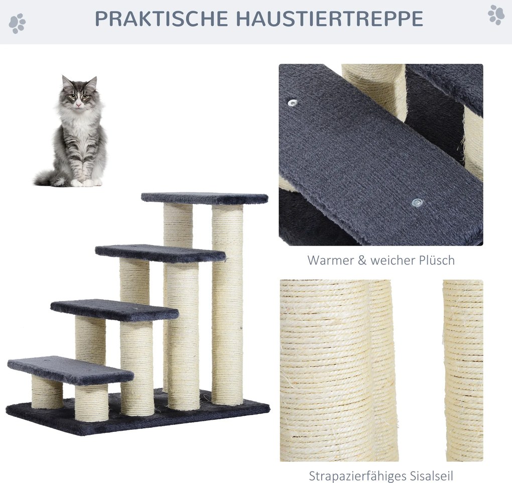 PawHut Schody dla kota lub psa 4-stopniowe z sizalu Szare schodki do wspinania | Aosom PL