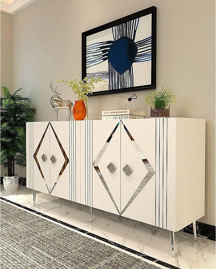 Komoda – 150 cm – Biało-srebrna – Płyta wiórowa pokryta melaminą