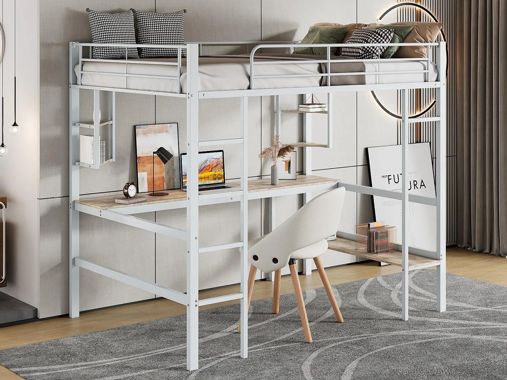 Łóżko mezzanine z żelaza - 90x200cm - z biurkiem i 5 półkami - Białe