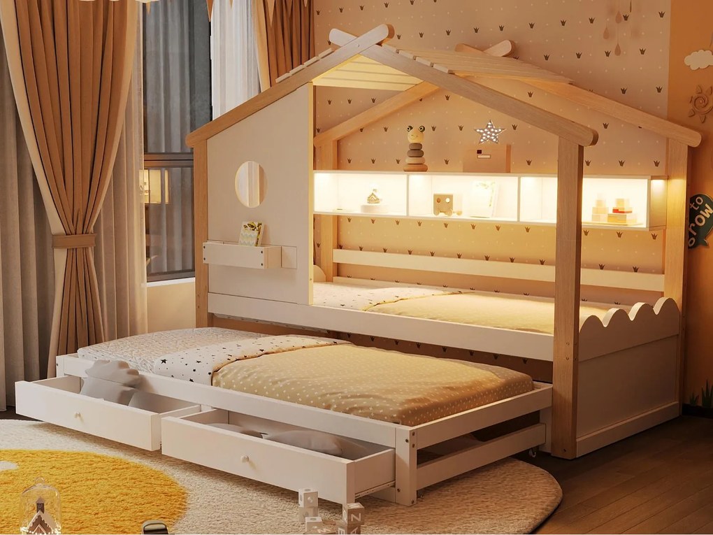 Łóżko domki dziecięce 90x200cm - z łóżkiem chowanym 90x190cm - z 2 szufladami - z portami ładowania USB + Type-C - z oświetleniem LED - biały+naturalny