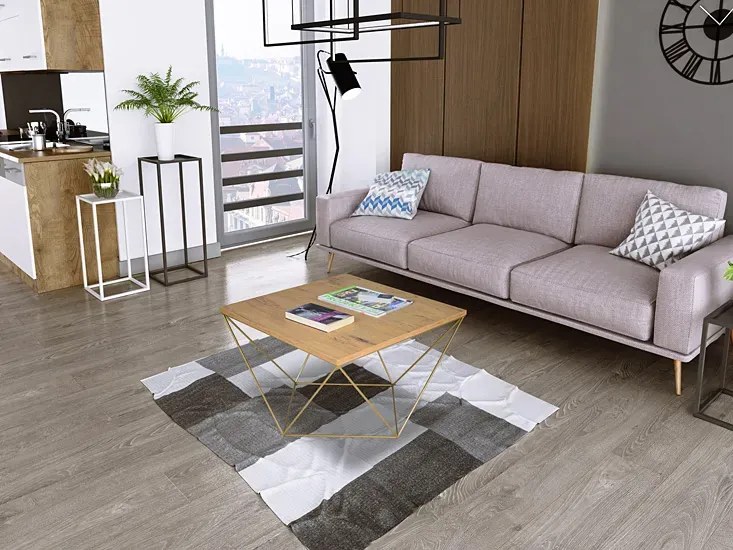 Druciany stolik kawowy dąb lancelot + złoty T9-A55