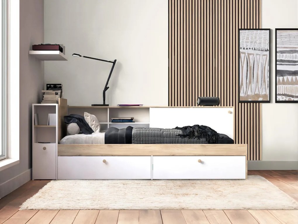 Łóżko 90 x 200 cm ze schowkami - Biały i naturalny + Stelaż - LIARA