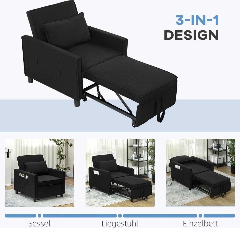 HOMCOM Rozkładany fotel, regulowany, 3 pozycje, Pokrycie z sztruksu, do 120 kg, Czarny