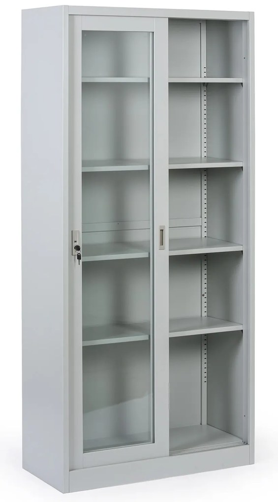 Metalowa szafka z półkami i szklanymi przesuwanymi drzwiami, zdemontowana, 900 x 1950 x 400 mm