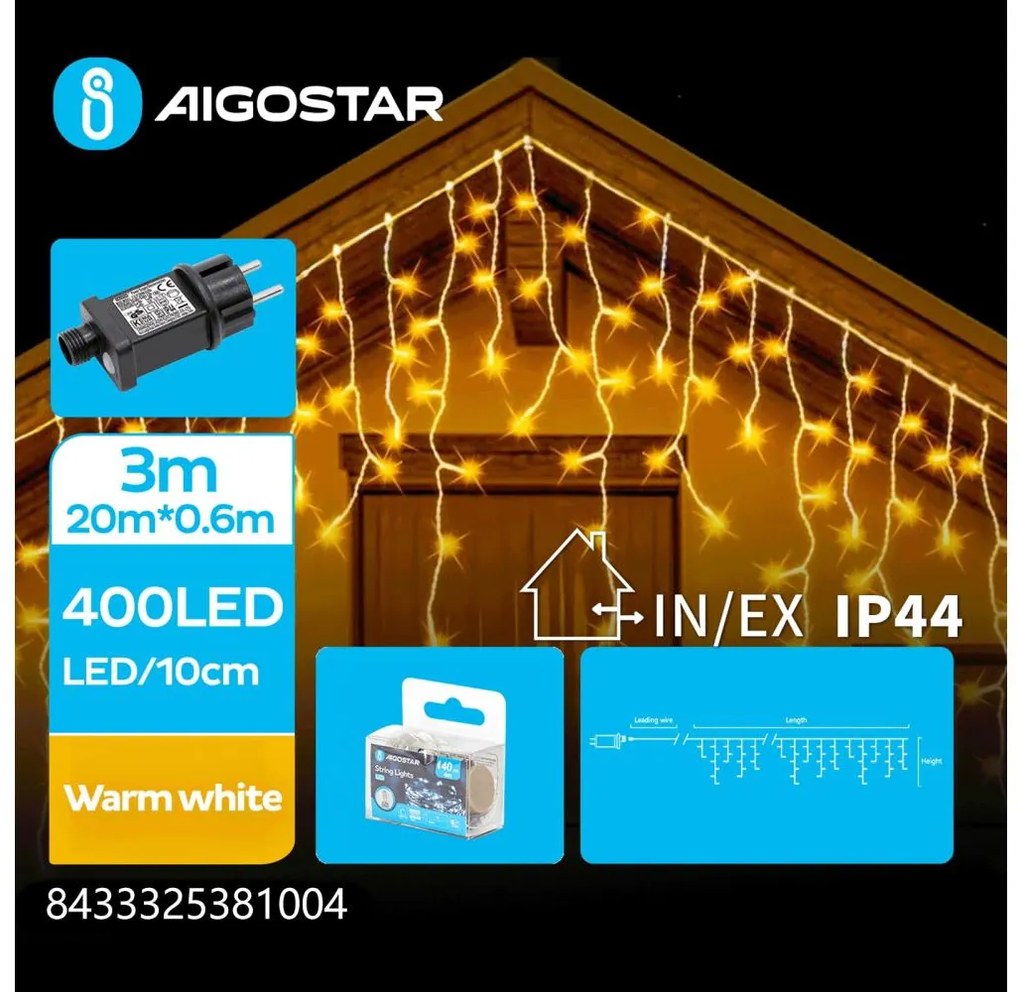 Aigostar - Zewnętrzny świąteczny łańcuch LED 400 diod / 8 funkcji 23x0,6m IP44 ciepła biel