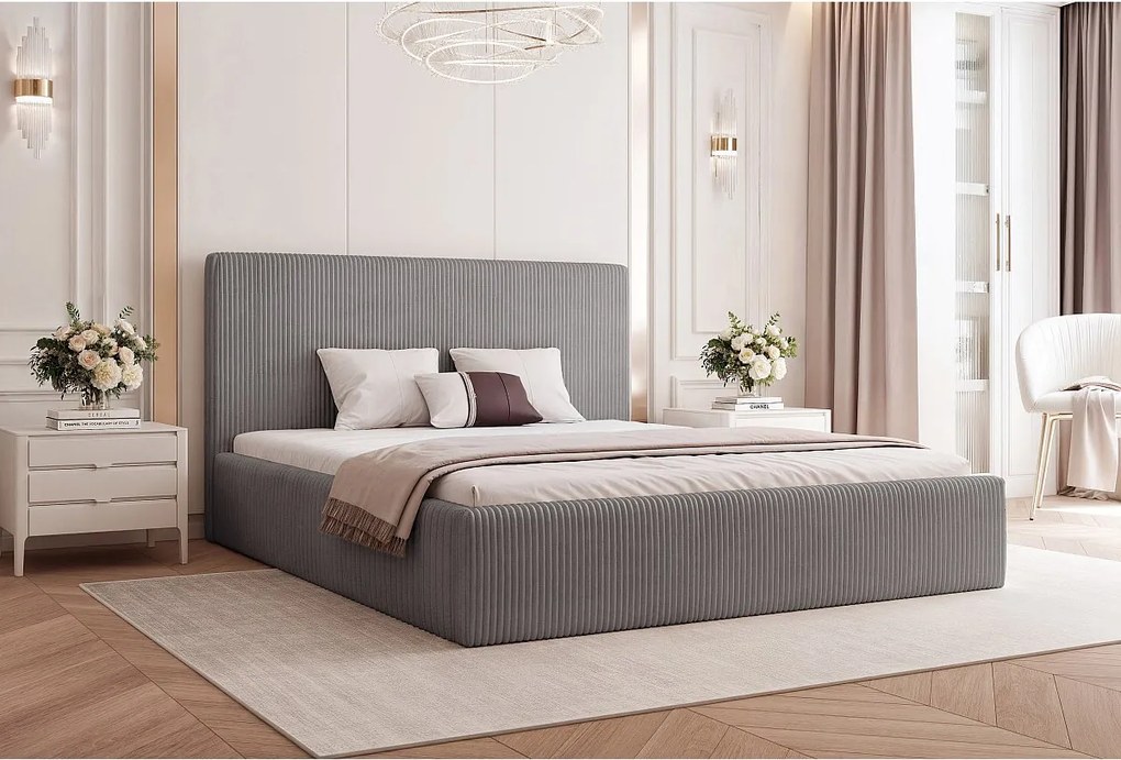 BESILIO Łóżko do sypialni 140x200 Vienna - Łóżko z pojemnikiem, łóżko slim, stelaż listwowy - Tkanina sztuks - Szary